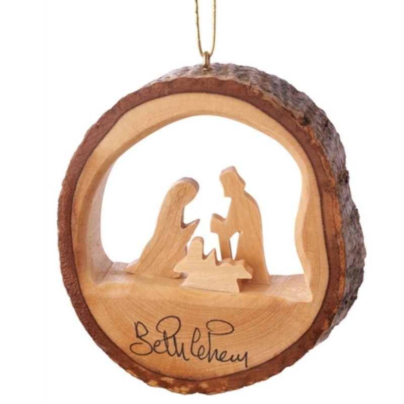 Round Bark Ornament W/Holy Family